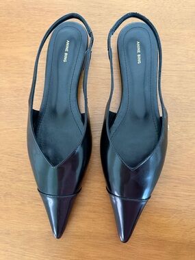 Anine Bing Black Pointed Slingback Leather Flats
